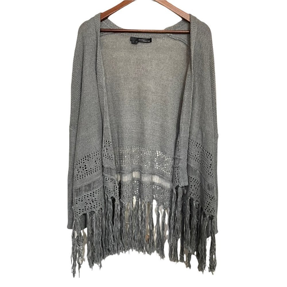 360 Sweater 360 Cashmere Women's Gray Open Knit Fringe 100% Linen Cardigan Small